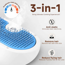 Pet Steam Brush for Dog & Cat - 3-in-1 Steam Grooming Brush for Shedding & Hair Removal - Self Cleaning Spray Comb with Mist for Long Haired Pets - Includes 1*Waterless Shampoo, Blue.