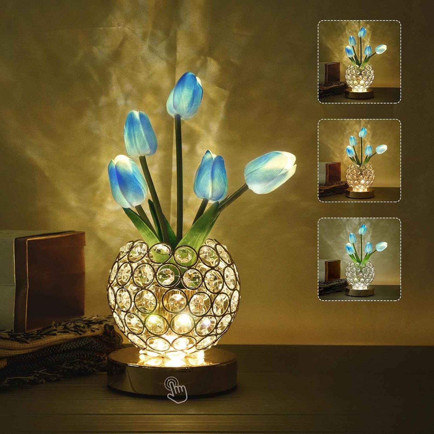 Tulip Crystal Flower Lamp Touch Lamp,Rechargeable Cordless Table Lamp, 3-Colour Infinitely Dimming Battery Powered Small Night Light,Gift for Mom for Valentine Day,Mothers Day,Xmas,Birthday (Pink)