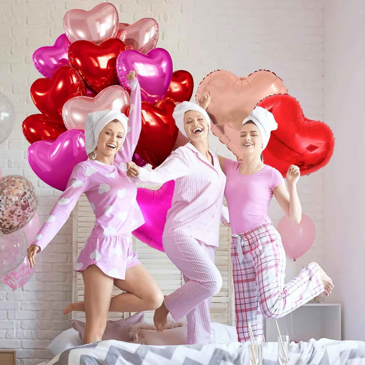 15 Pcs Red Heart Shaped Balloons, 18 Inch Hot Pink Valentines Balloons Rose Gold Foil Heart Balloon for Birthday Bridal Shower Engagement Wedding Valentine Party Decorations