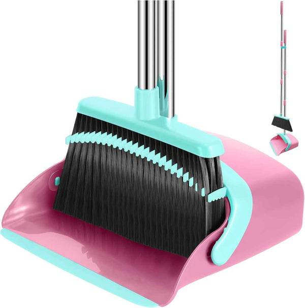 NACENA Broom and Dustpan Set, 52-in Long Adjustable Handle Broom Dustpan Combo with Dustpan Teeth to Automatically Clean Hair Suitable for Home Kitchen Office Hall Floor（Black&Red）