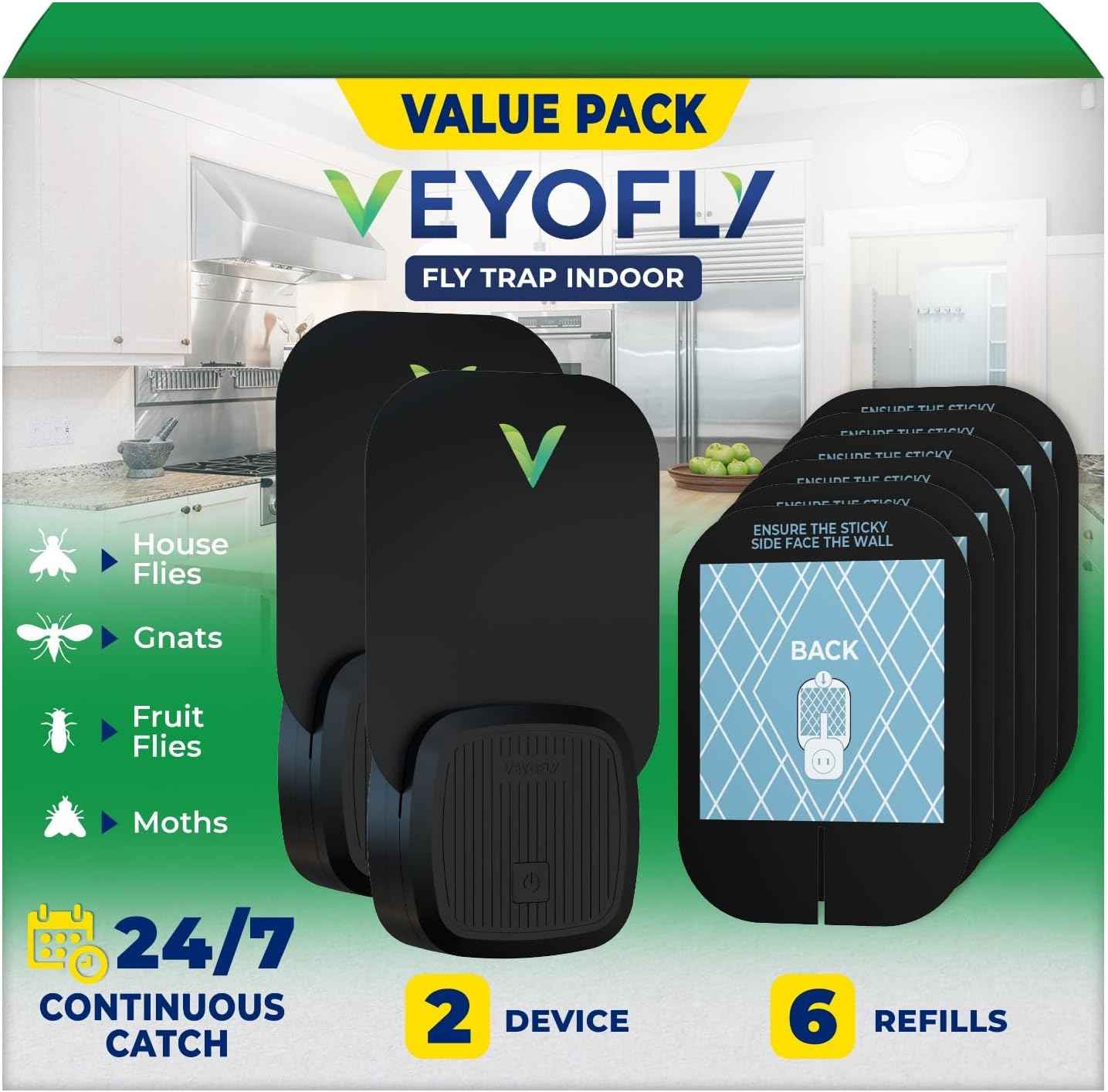 VEYOFLY Fly Trap Indoor, Fruit Fly Traps for Indoors Flying Insect (2 Device + 6 Refills) Gnat Traps for House Indoor, Bug Zapper Indoor, Gnat Killer Catcher & Fruit Fly Killer Light Plug in