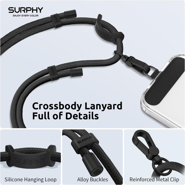 SURPHY Phone Lanyard, Adjustable Phone Strap Crossbody with 2 Pack Cell Phone Tether Tab, Premium Metal Buckles, Skin-Friendly, Universal Cell Phone Lanyard Crossbody for Women and Men, Black