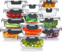KOMUEE 24 Pieces Glass Food Storage Containers Set,Meal Prep Containers-Stackable Airtight Glass Storage Containers with lids,Freezer, Microwave, Oven Safe,Gray