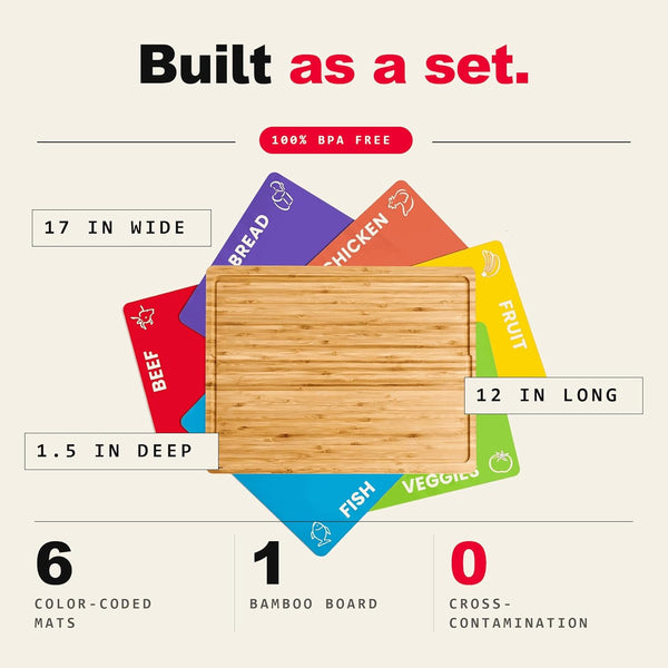 Bamboo cutting board set with 6 color-coded flexible mats for kitchen meal prep