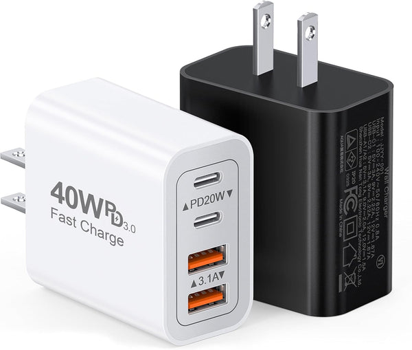 40W USB C Charger Cube, 2-Pack Fast Charging Block, 4-Port Power Adapter