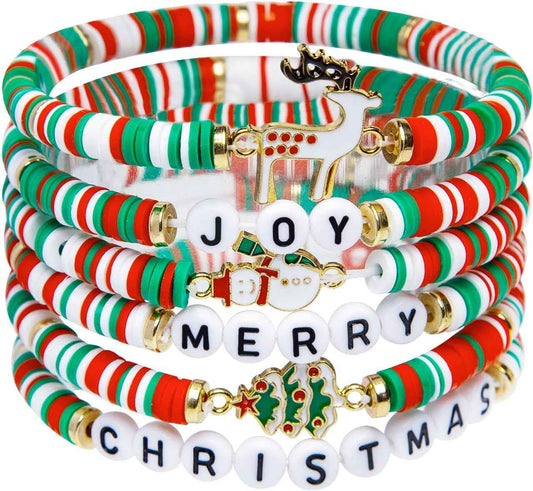 Artlunar 6 Pack Christmas Bracelets: Joy & Merry Candy-Style Stacks for Women & Teens - Perfect Christmas Gifts - Age 3 to Adult