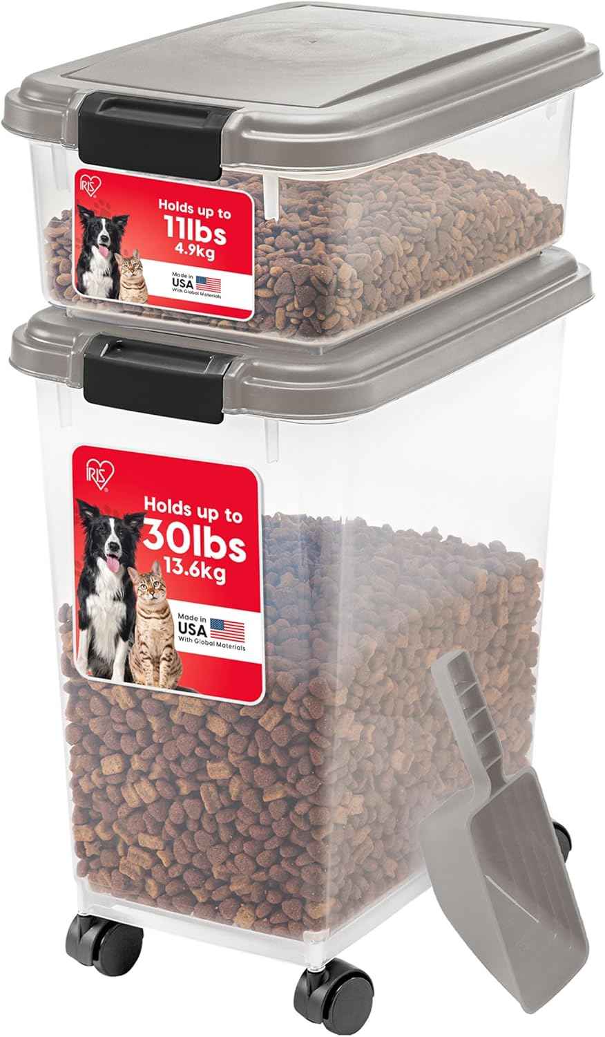 IRIS USA Dog Food Storage Container, 30 lbs & 11 lbs Combo, Cat Food Storage Container, Dog Treat Container, Airtight, Stackable, 2-Cup Scoop, Wheels, Easy Mobility, Black