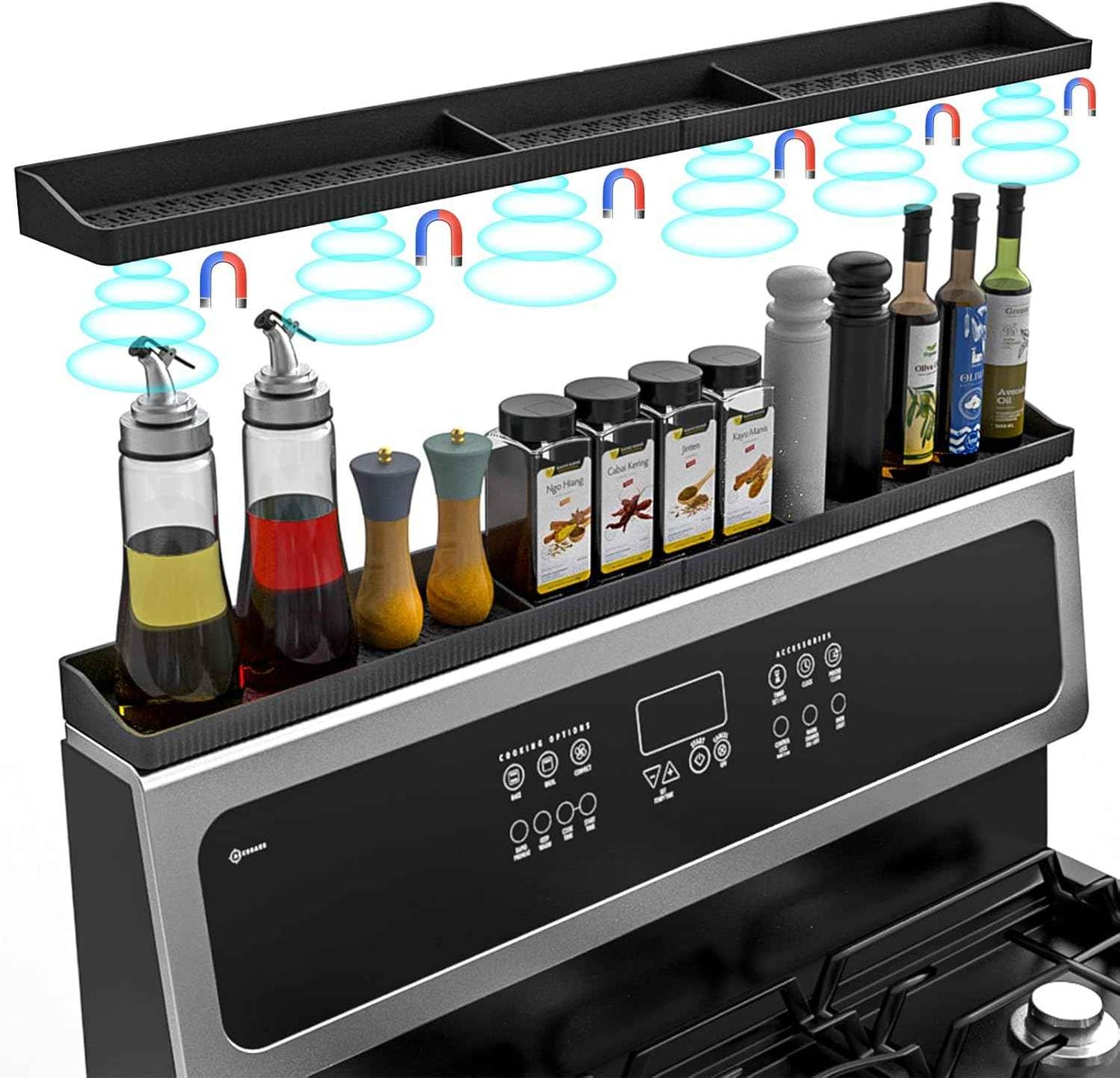 30 Inch Silicone Stove Top Shelf Magnetic for Kitchen Gadgets, Soft Flexible Strong Magnetic Heat Resistant Spice Rack Kitchen Organizer for Over Stove