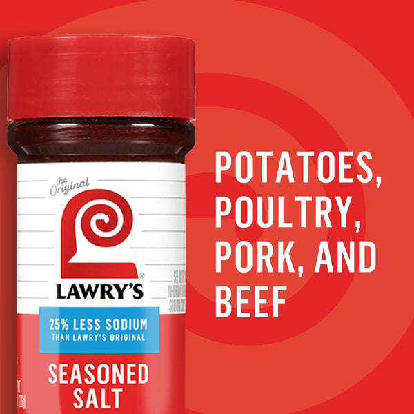 Lawry's 25% Less Sodium Seasoned Salt, 8 oz, Kosher Certified, No MSG Added, All-Purpose Seasoning for Beef, Pork, or Poultry