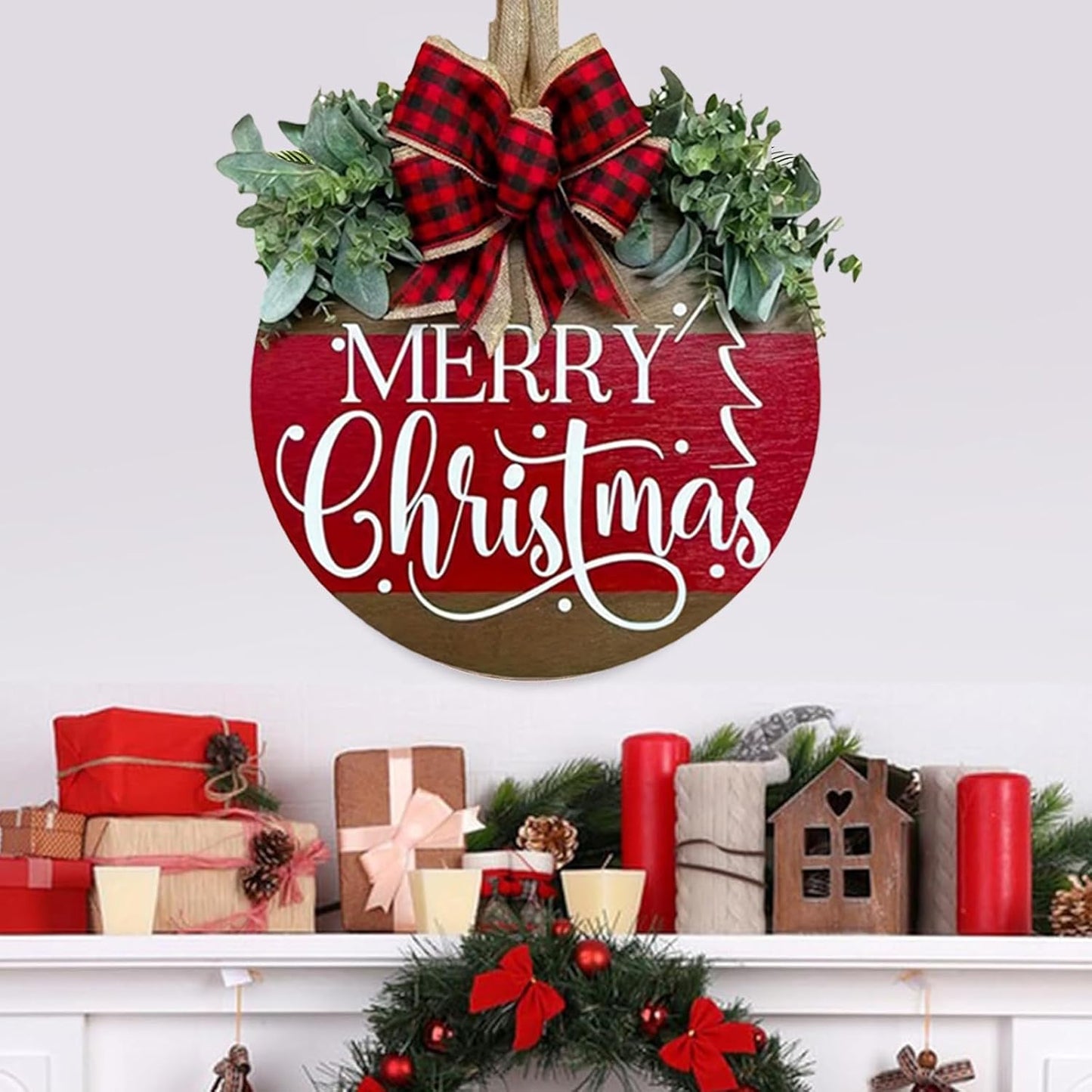 Merry Christmas Wreath Hanging Sign for Front Door, Wooden Welcome Wreaths Sign with Bow for Holiday Rustic Farmhouse Outdoor Wall Window Decor (Merry Christmas)