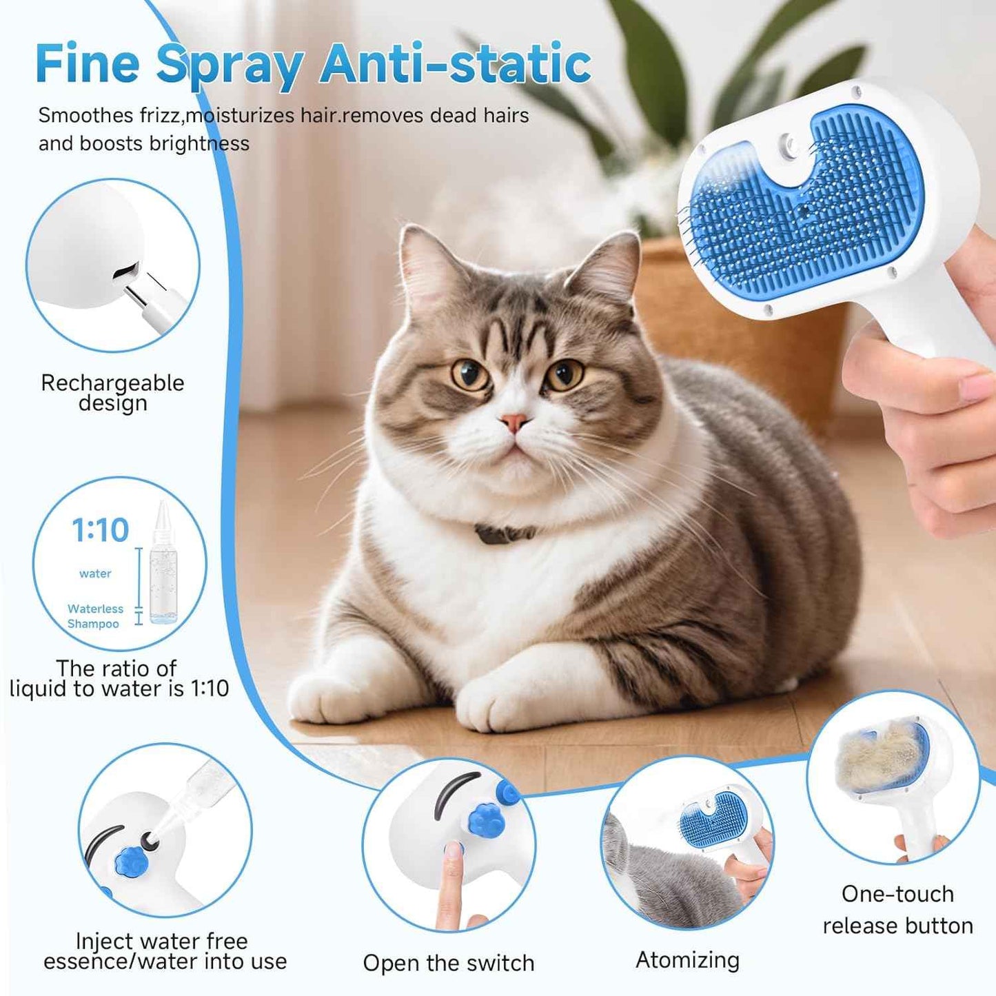 Pet Steam Brush for Dog & Cat - 3-in-1 Steam Grooming Brush for Shedding & Hair Removal - Self Cleaning Spray Comb with Mist for Long Haired Pets - Includes 1*Waterless Shampoo, Blue.