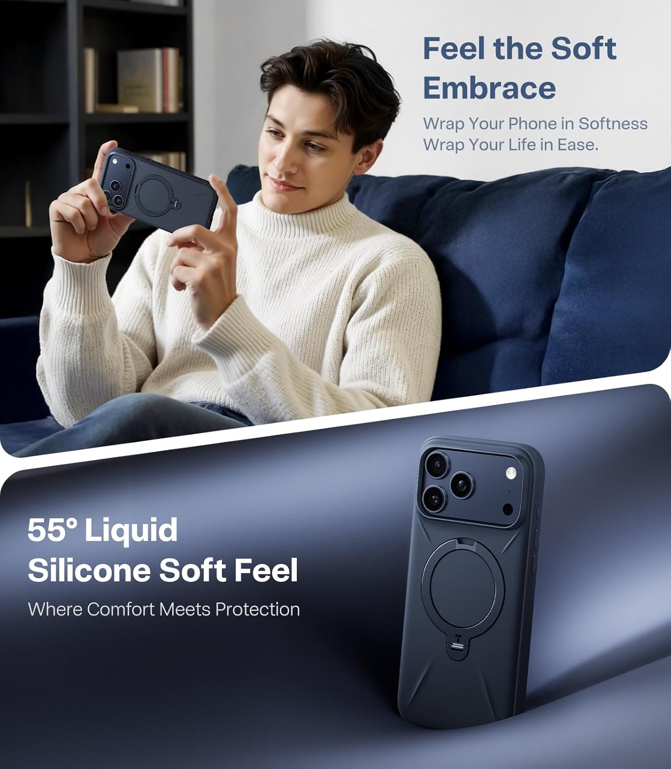 TORRAS Ostand Q3 Silicone for iPhone 17 Pro Max Case, Fit for MagSafe, 360 Spin Ring Holder Stand, Soft Liquid Silicone Cozy Grip, Camera Control, Protective Case for iPhone 17 Pro Max, Deep Blue - Rayz Mart