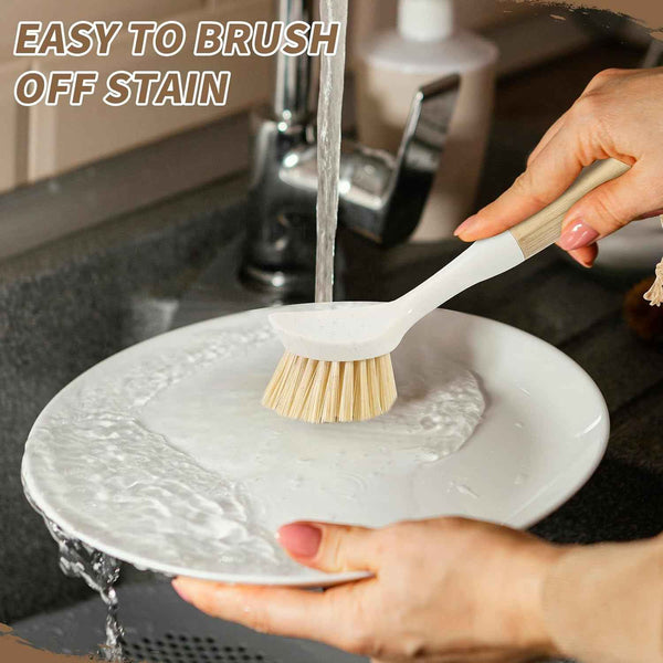 Bamboo dish scrubber brush set with built-in scraper for eco-friendly kitchen cleaning