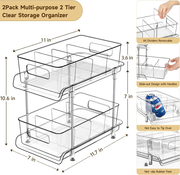 2-Tier Bathroom Organizer with Dividers and Pull-Out Cabinet