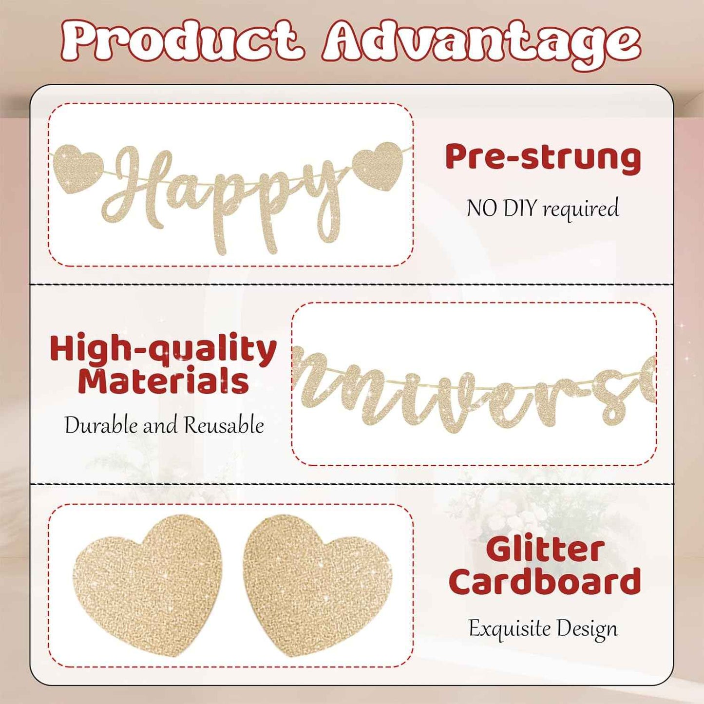 Happy Anniversary Banner, Pre-Strung Gold Glitter Wedding Anniversary Decorations Romantic, Couples Shower Decorations Banner For Happy Wedding Reception Day Bridal Shower Party