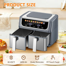 DUMOS 10-in-1 Air Fryer 9.5 QT, Large Airfryer with with 2 Independent Frying Baskets, Sync Finish & Match Cook, Shake Reminder, Wide Temperature 80-450°F, Roast Bake Defrost Dehydrate, Grey
