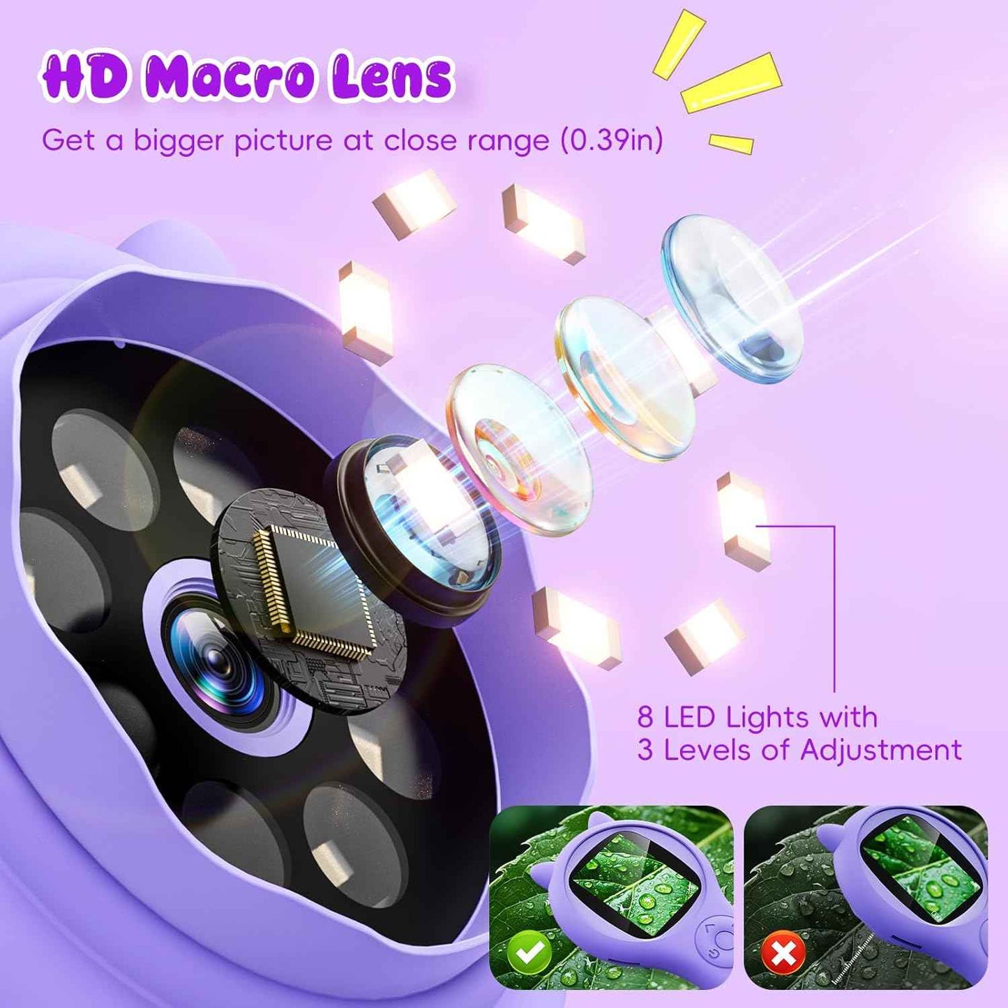 Microscope for Kids - Mini Pocket Handheld Microscope for Toddlers-STEM Educational Science Kit Toys for Christmas Birthday Gifts Toys for 5 6 7 8 9 10 11 12 Year Old Girls（Purple）