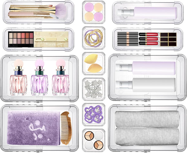 14-piece clear drawer organizer set for versatile storage