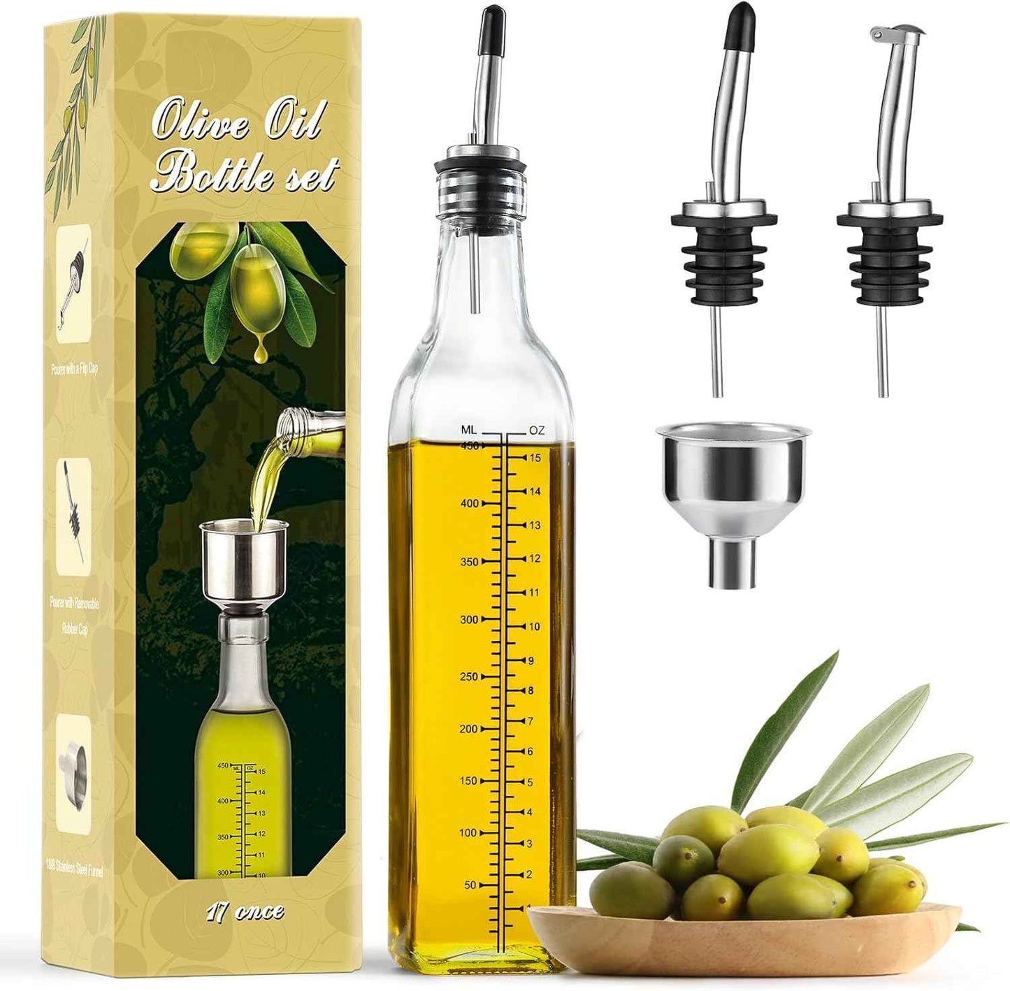 AOZITA 17oz Glass Olive Oil Bottle Dispenser - 500ml Green Oil and Vinegar Cruet with Pourers and Funnel - Olive Oil Carafe Decanter for Kitchen