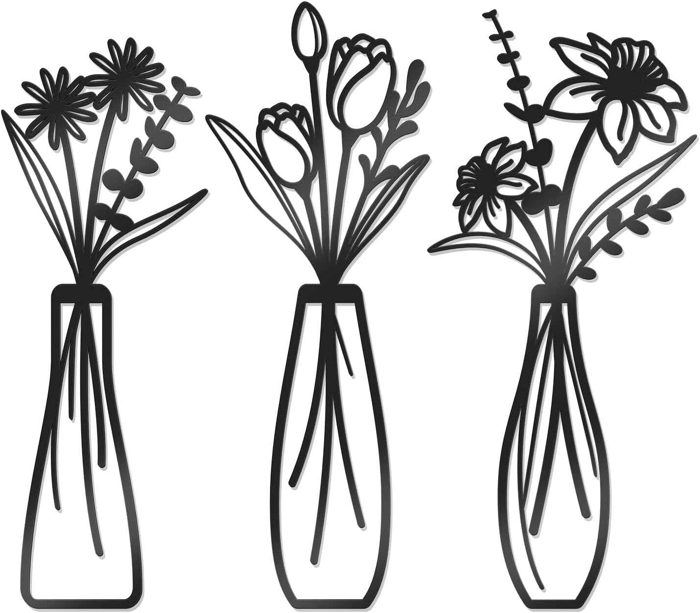 3 Pcs Large Black Metal Flowers and Vases Wall Decor Farmhouse Metal Flowers Wall Art Minimalist Art Flower Arrangement for Living Room Bedroom or Kitchen (Black, Floral C)