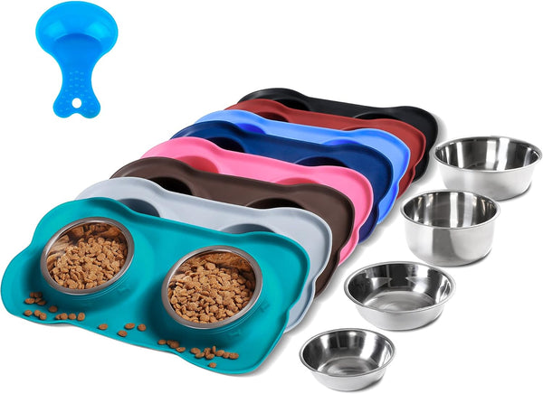 hubulk pet dog bowls 2 stainless steel no spill non skid silicone mat pet food scoop water feeder for small medium large dogs cats