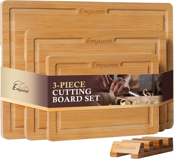 Bamboo cutting board set for kitchen, 3 piece extra thick with juice groove