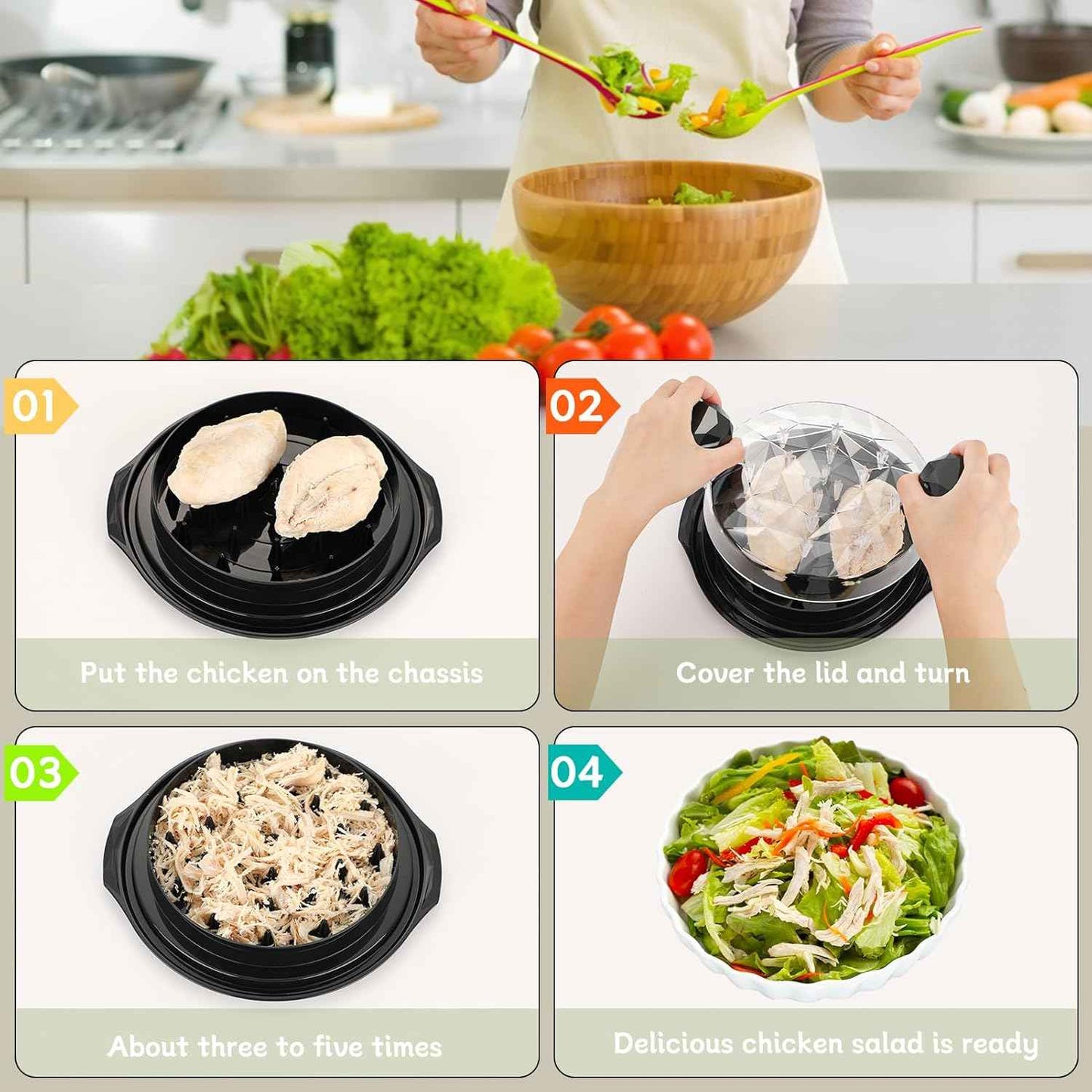 Chicken Shredder with Brush Chicken Shredder Tool Twist Stable Anti-Slip BPA Free Meat Shredder Tool Twist Ergonomic Handle Meat Grinder Dishwasher-safe Transparent Lid Black