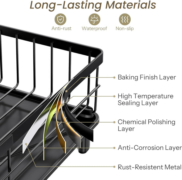 Space-saving stainless steel dish drying rack for kitchen counter