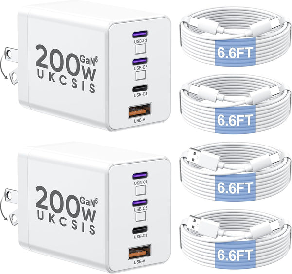2 Pack 200W USB C Charger Block, Foldable 4-Port GaN5 Super Fast Charger USB C, Dual 65W Type C Charging Block, Laptop Fast Charging Adapter for MacBook Pro/Air, iPad, iPhone, Samsung Galaxy Black