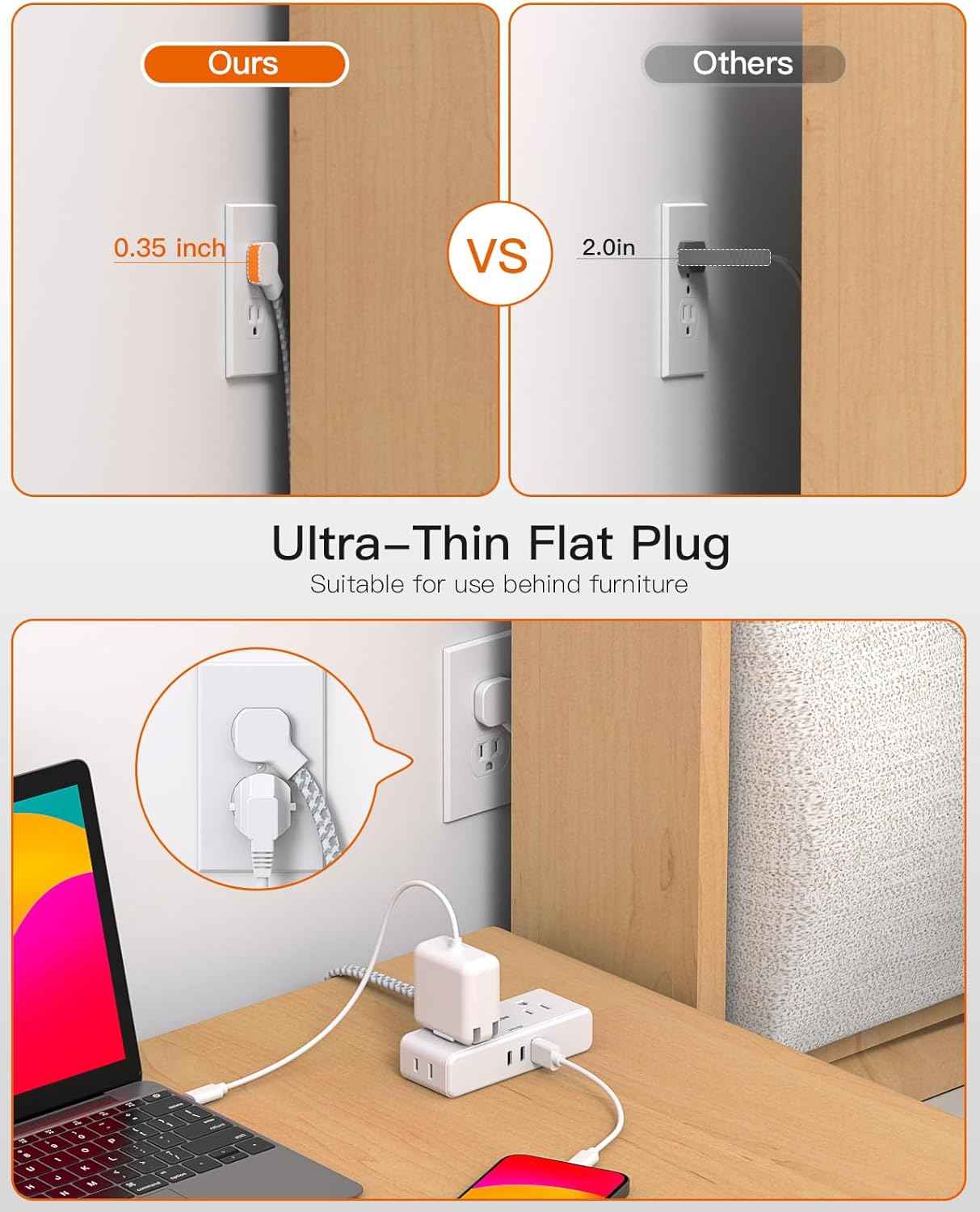 Flat Extension Cord 6 feet, Flat Plug Power Strip, 4 Widely Outlets with 3 USB Ports (2 USB C), 3 Side Outlet Extender with Extension Cord with Multiple Outlets for Home, Office, Dorm Room Essentials