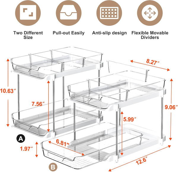 Delamu 2-Tier Bathroom Under Sink Organizer, Stackable Kitchen Pantry Storage, White, 2 Pack