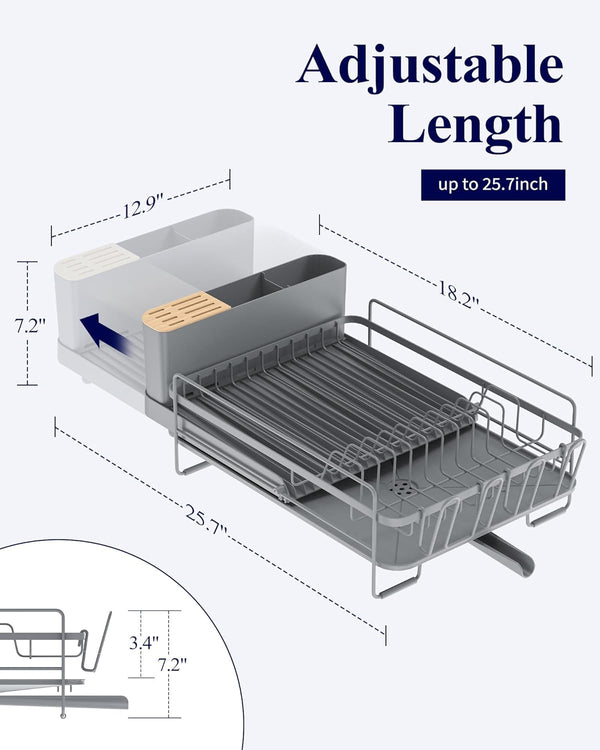 Adjustable kitchen dish drying rack with drainage and cutlery holders