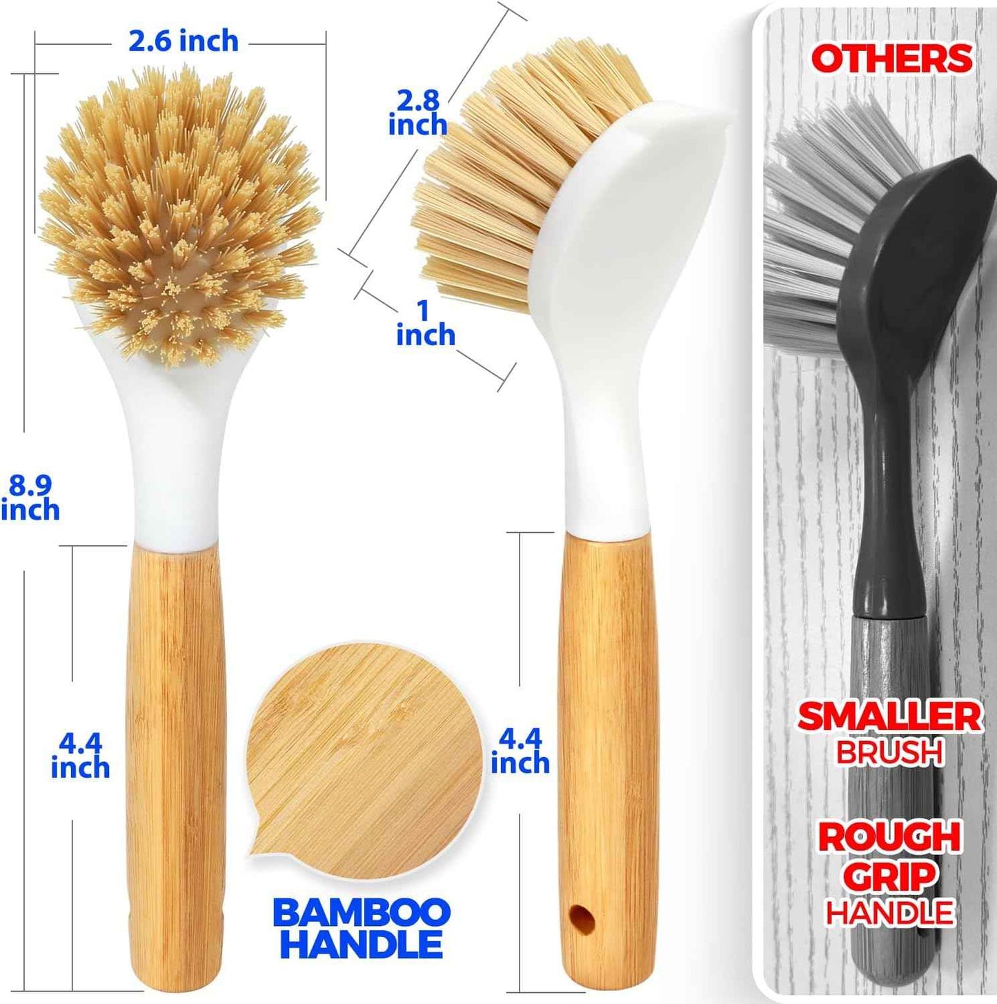 Holikme 3 Pack Dish Brush Set with Bamboo Handle, Kitchen Brushes for Cleaning Pot, Sink and Stove, Skillet Scrubber with Tough Bristles for Cast Iron Grill Pan, Yellow White Black