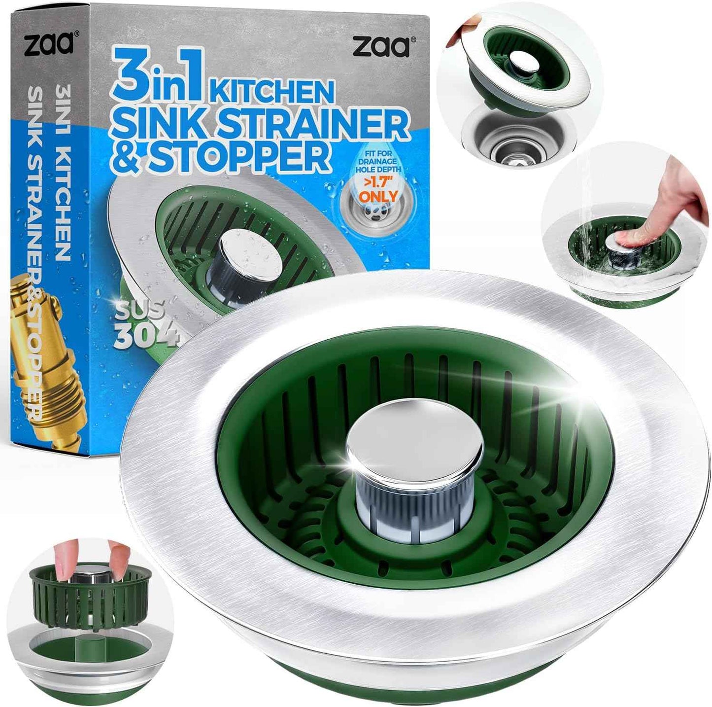 Upgraded 3in1 Kitchen Sink Drain Strainer & Sink Stopper, Stainless Steel Kitchen Drain Plug & Sink Installation Parts with Anti-Clogging Basket, Fit US Standard 3-1/2'' Sink Drain Hole, Silver