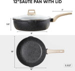 12 inch nonstick deep frying pan with lid, 5.5 qt jumbo cooker saute pan