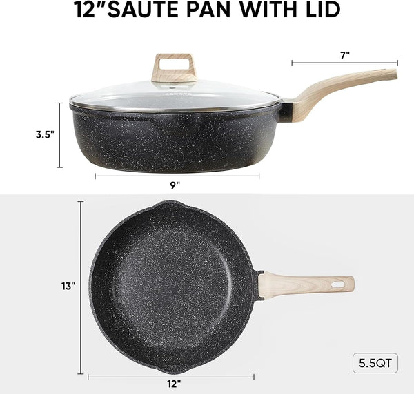 12 inch nonstick deep frying pan with lid, 5.5 qt jumbo cooker saute pan