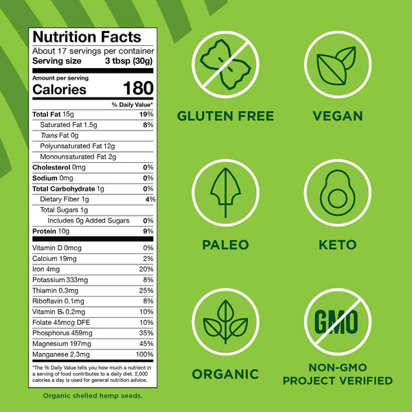 Manitoba Harvest Organic Hemp Seeds, 18oz, 10g Plant Based Protein and 12g Omega 3 & 6 per Serving, Smoothies and Salads