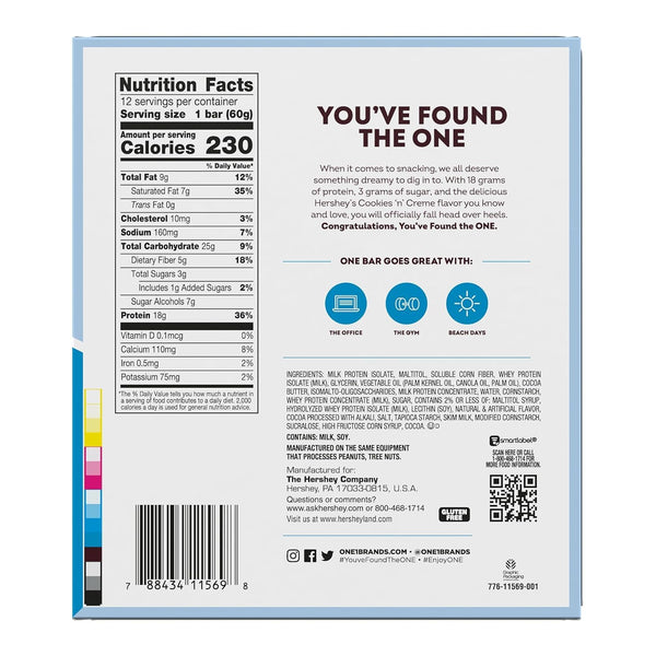 ONE Protein Bars, Hershey's Cookies 'n' Creme, Gluten Free, 18g Protein, 12 Count