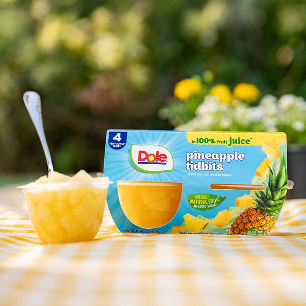 Dole Fruit Bowls Pineapple Tidbits in 100% Juice Snacks, 4oz 24 Total Cups, Gluten & Dairy Free, Bulk Lunch Snacks for Kids & Adults