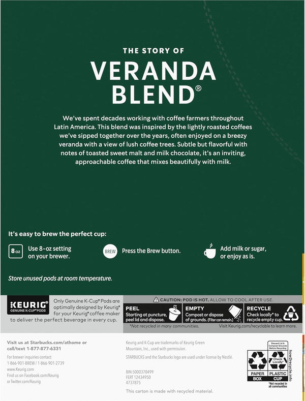 Starbucks K-Cup Coffee Pods, 96 Keurig Pods, Veranda Blend, Blonde Roast