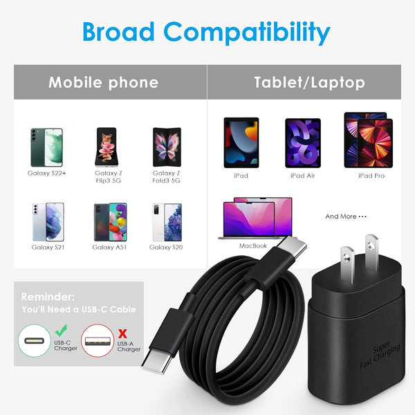 25W USB-C Fast Charger Block with C-to-C Cable for Galaxy S24/S23/S22, Pixel 8/7, iPhone 17/16/15