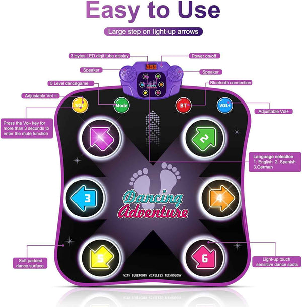 flooyes electronic dance pad for 3-12 year old kids with light-up 6-button wireless bluetooth music dance