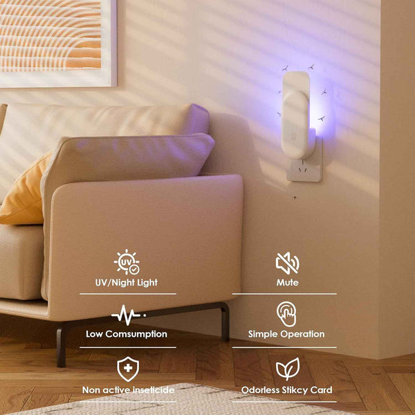 Flying Insect Trap, 2 in 1 Indoor Plug-in Fruit Fly Trap, 1 Trap White and 6 Glue Cards, Fruit Fly Traps for Gnat, Moth, Mosquito, Suitable for Every Part of The Home