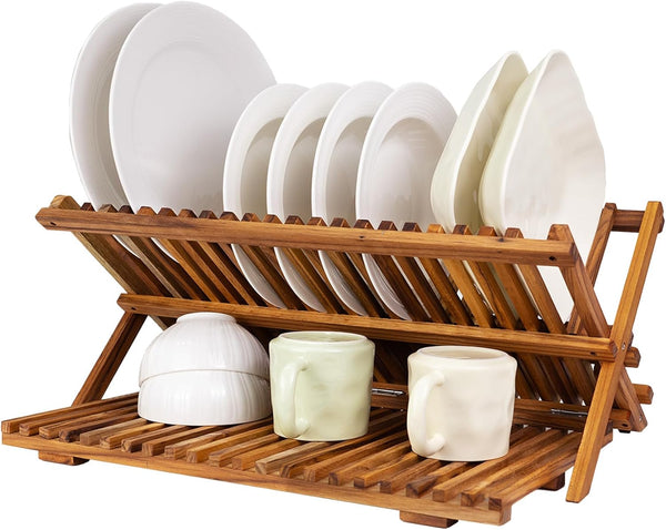 Teak Dish Drainer Rack Collapsible 2 Tier Dish Rack for Kitchen Countertop