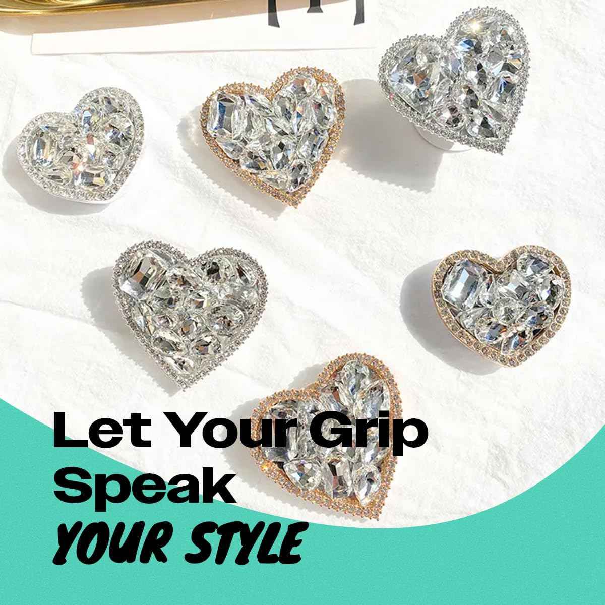 OnTheGrip Cute Cubic Diamond Heart Shape Design Collapsible Expandible Mobile Phone Grip Stand Holder for Smartphone Tablet Cell Phone Accessory (Silver Big)