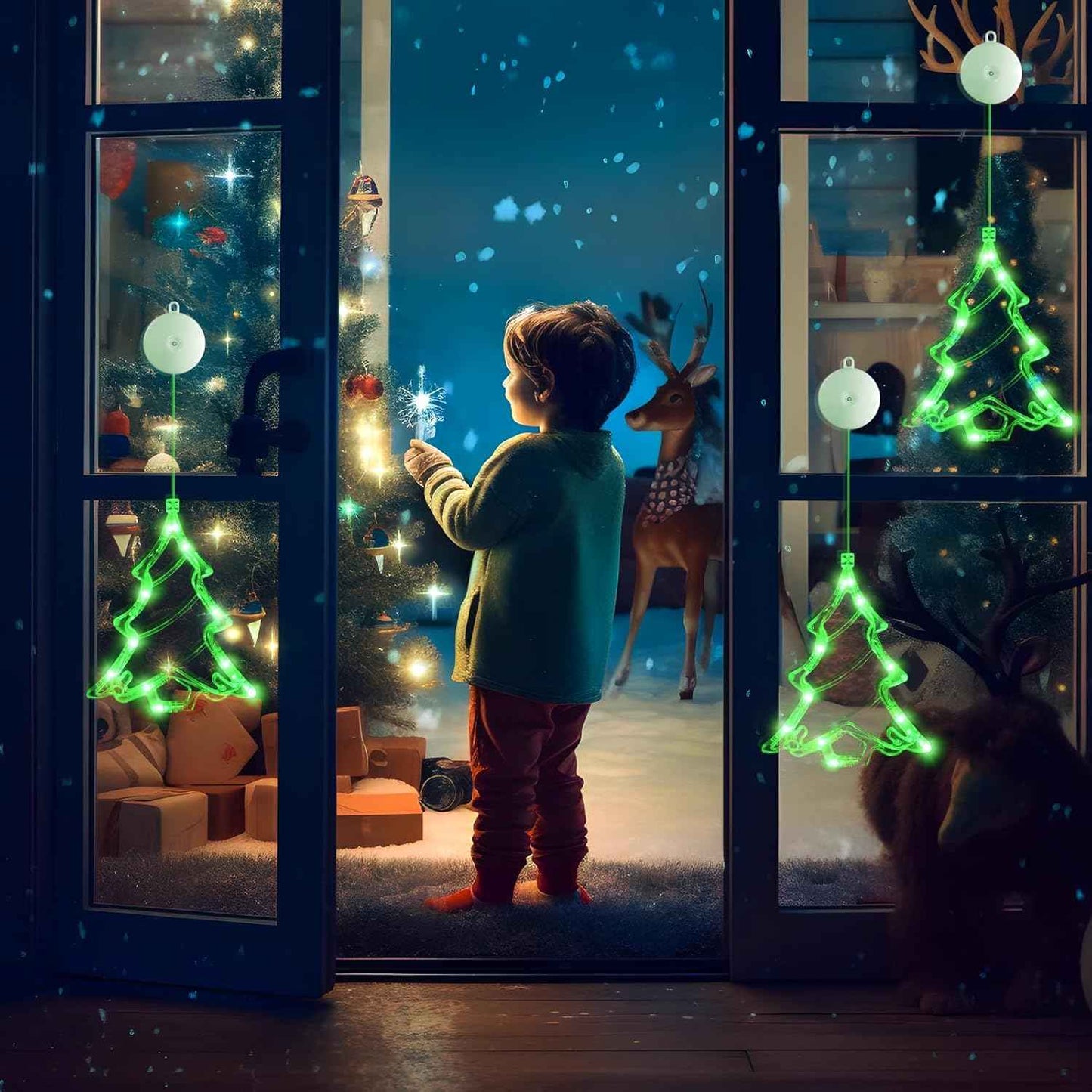 3Pcs Battery Powered LED Christmas Tree Shaped Window Lights - Green Sucker Lamps for Xmas Decor Indoors and Outdoors