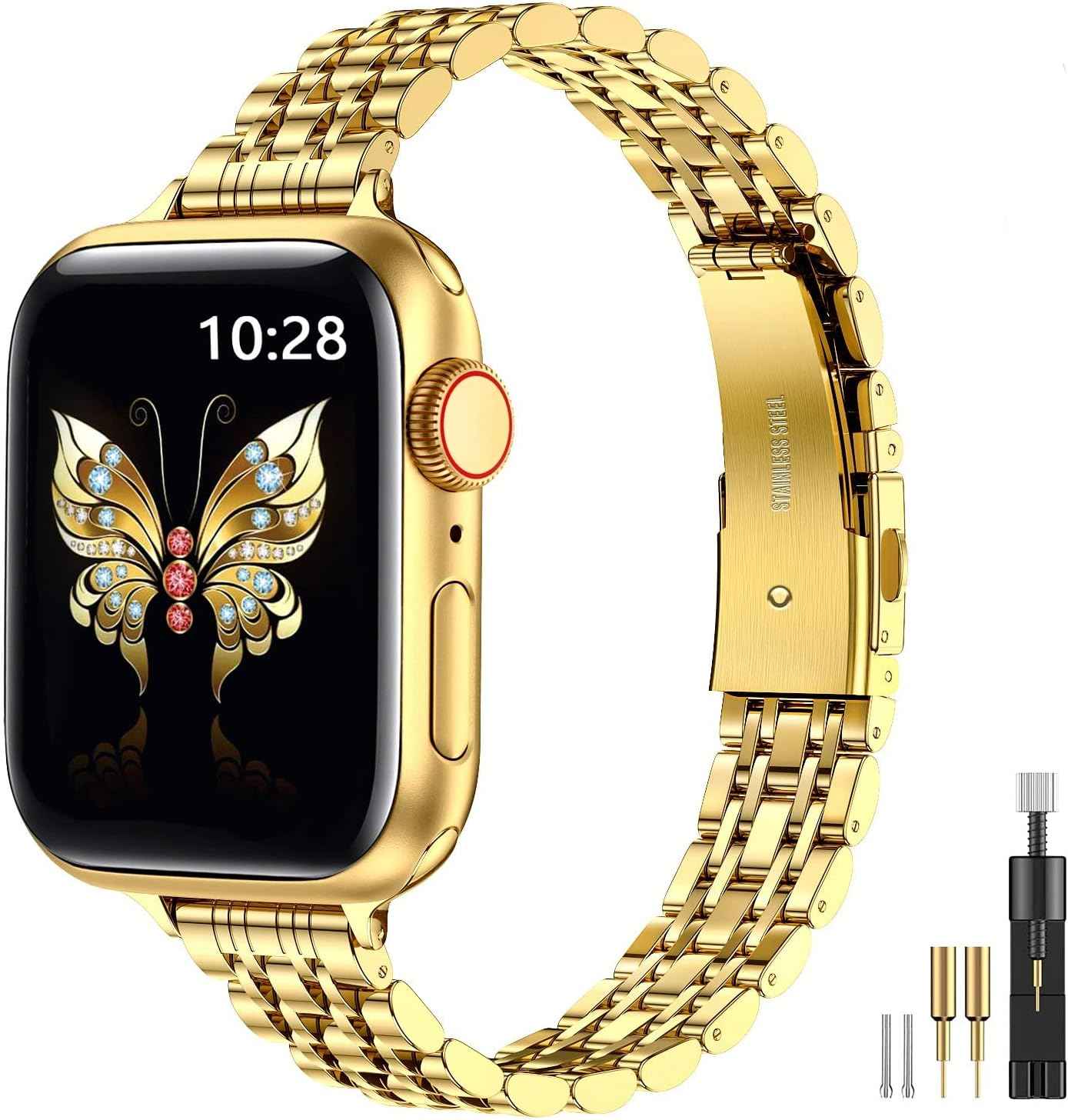 MioHHR Slim Metal Band Compatible with Apple Watch Band 42mm(Series 11 10) 41mm(Series 9 8 7) 40mm(Series 6 5 4 SE3/2/1) 38mm(Series 3 2 1),Stainless Steel iWatch Bands for Women,Silver/Gold