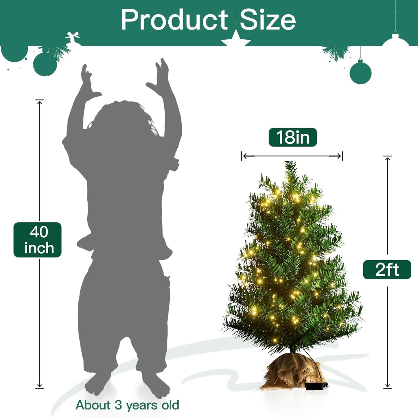 Pre-lit Mini Christmas Tree, 2ft Christmas Tree with 50 Led Warm Lights, Artificial Christmas Tree with 72 Branch Tips, Battery Operated Small Xmas Tree for Table Desk Best Holiday Home Decorations
