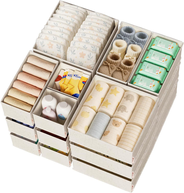 Cotton Linen Drawer Organizer for Baby Clothes, 12-Pack Multi-Size Nursery Dresser Dividers