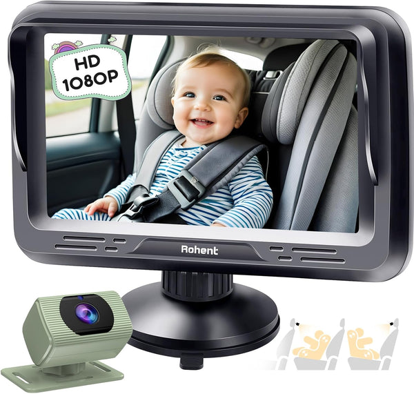Rohent HD 1080P rear-facing baby car camera with 150° wide-angle lens, night vision, and adjustable display
